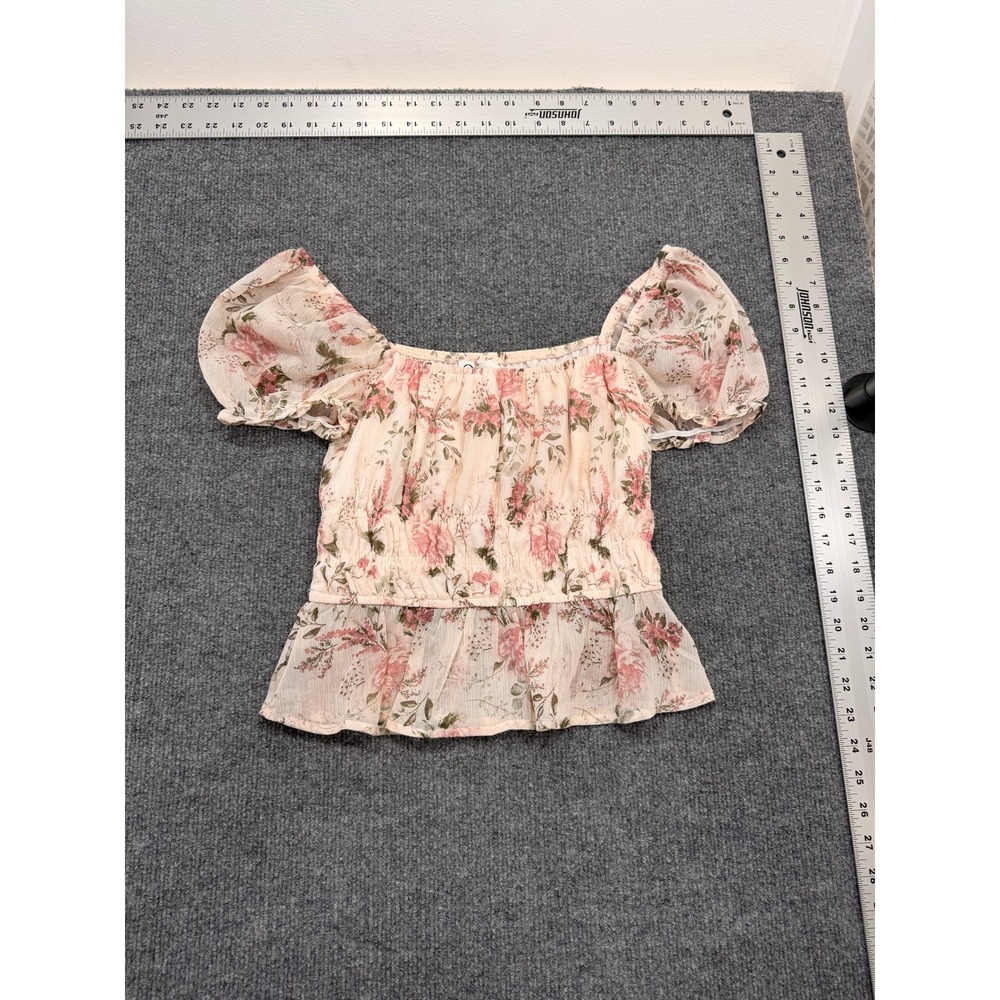 Trixxi Floral Smocked Blouse Women Small Pink Square Neck Puff Sleeve Peplum Top - Picture 4 of 5